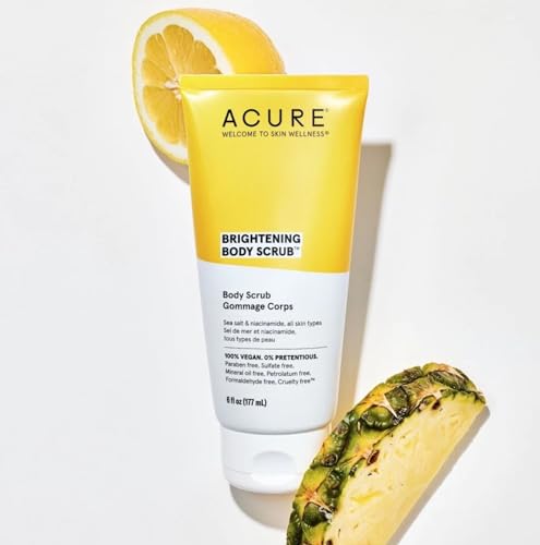 ACURE Brightening Body Scrub - Skin Renewal with Blend of Clay, Sea Salt & Niacinamide Extract - Rejuvenating Exfoliation for Soft, Refreshed Glowing Clear Skin - Suitable for All Skin Types - 6 Fl Oz