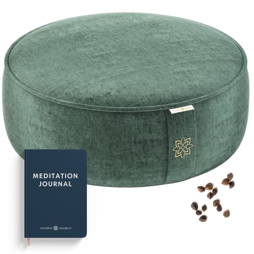 Meditation Cushion | Velvet, Buckwheat Hull Filled, Large Round, Removable Cover, Color Green