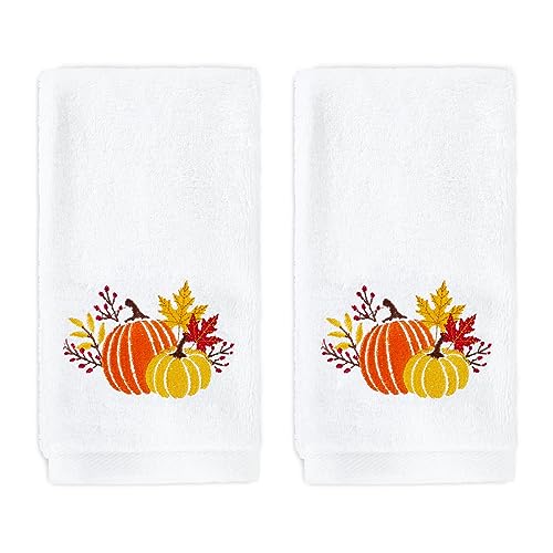 Hand Towels | 2 Pack, Cotton, Embroidered Pumpkin & Maple Leaves, 29.5 x 13.7 Inch