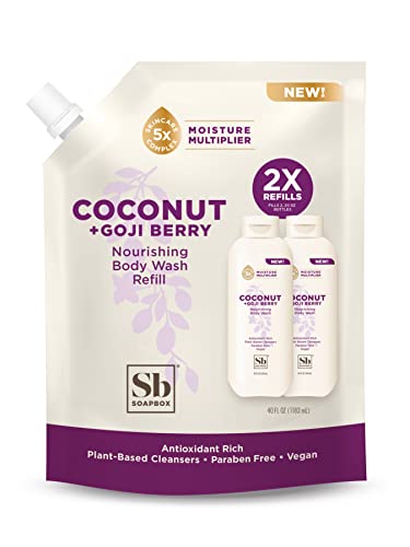 Soapbox Body Wash Refill, Coconut + Goji Berry Body Wash Refill Pack, Bulk Soap Refill Pouch, Vegan + Antioxidant Rich Moisturizing with Shea Butter, Peptides & Keratin Promoting B3, 40oz Refill Size