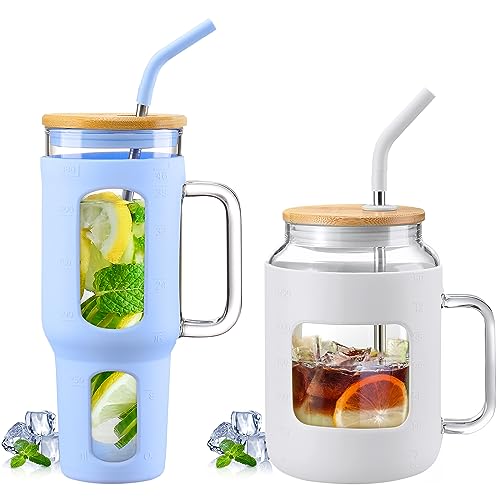 Glass Tumbler with Lid and Straw | 46 oz, Includes 50 oz Water Bottle with Silicone Sleeve