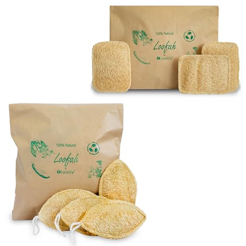 Loofah Sponge Set | Exfoliating Body Scrubber, Biodegradable, 4 Pack & Kitchen Sponge, 3 Pack.