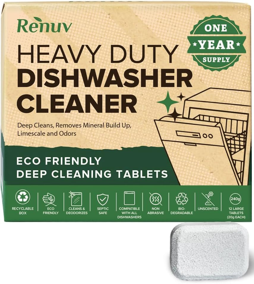 Heavy Duty Dishwasher Cleaner and Deodorizer Tablets, Descaler, Deep Cleaning, Natural Odor and Smell Remover, Calcium, Limescale, Hard Water Marks, Grease, Septic Safe Pods (12 Tabs - 1 Yr Supply)