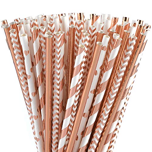 Drinking Straws | Biodegradable, Pack of 100, Rose Gold Foil Striped