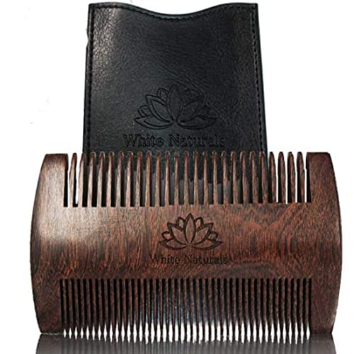 Beard Comb | Wooden Sandalwood, Dual Action Teeth, Includes Leather Case