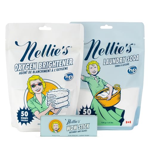 Nellie's Laundry Bundle - Environmentally Conscious Essentials: Chemical-Free Laundry Soda (50 Loads), Oxygen Brightener (50 Scoops), Stain-Fighting WOW Stick - Zero Waste