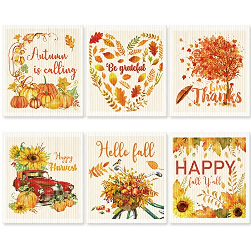 Dish Cloth | Absorbent, Reusable, 6 Pack, Thanksgiving Pumpkins Design