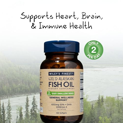 Wiley's Finest Wild Alaskan Fish Oil Easy Swallow Minis - Omega-3 Fish Oil Supplement for Adults and Kids - Double-Strength 630mg EPA and DHA Natural Supplement - 120 Mini Softgels (60 Servings)