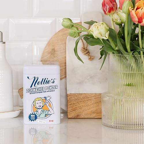 Nellie's Dishwasher Powder - Tough on Food Residue, Plant-Based Ingredients, Spotless Clean, High-Efficiency Dishwashing Solution - 100 Scoop Tin