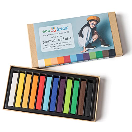 eco-kids Soft Pastels (12-Pack) - Assorted Rich Hued Colors + Black & White– Square Chalk Art Supplies For Drawing, Blending, Layering & Shading - Safe, Talc-Free, Non-Toxic – Ages 3+