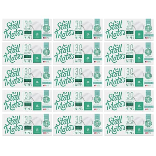 Stall Mates Wipes - Flushable Wipes | Individually Wrapped | Travel Friendly | Unscented with Vitamin-E & Aloe | 15 Boxes of 30 on-the-go singles | 450 wipes total