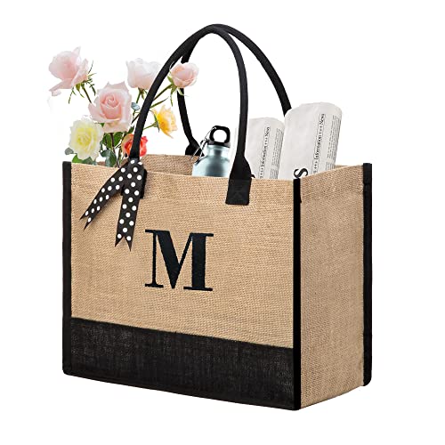 Tote Bag | Large Burlap, Embroidered Initial, Personalized Gift