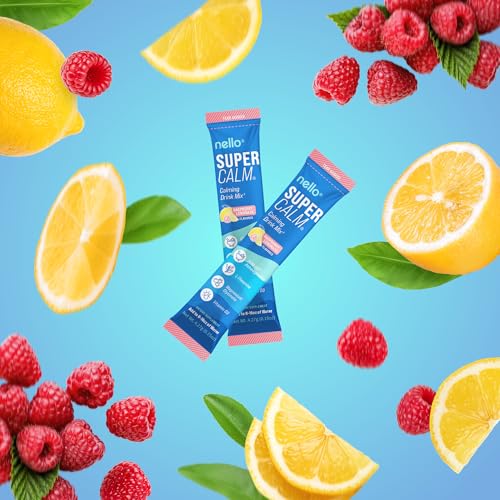 Nello Supercalm Powdered Drink Mix, Raspberry Lemonade, L Theanine, Ksm-66 Ashwagandha, Magnesium Glycinate, Vitamin D 3, Supplements for Relaxation & Focus, No Sugar, Non GMO, On The Go, 20 Ct