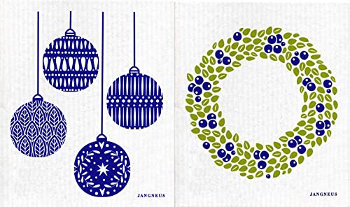 Swedish Dishcloth | Christmas Holiday Tree Design, 2-Pack Wreath & Ornament Blue