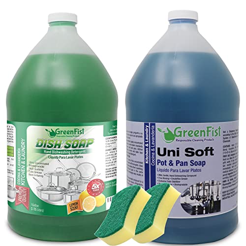 Dish Soap Set | Blue & Green, Includes 2 Sponges, 1 Gallon