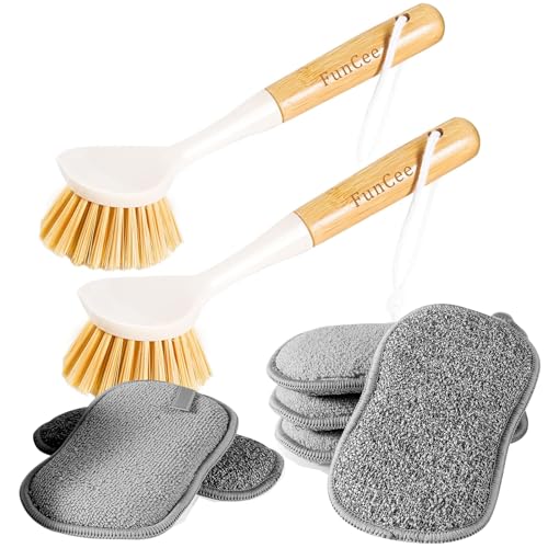 Dish Cleaning Set | 6 Pack Sponges, 2 Pack Brushes with Scraper