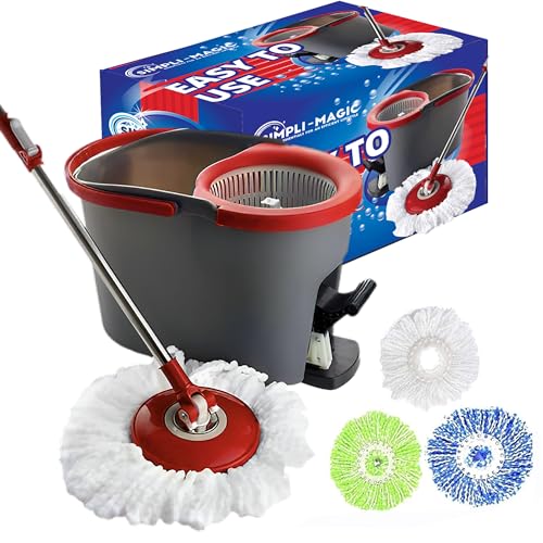 Spin Mop Cleaning System | 3 Microfiber Mop Heads, Red/Gray & Red/Black