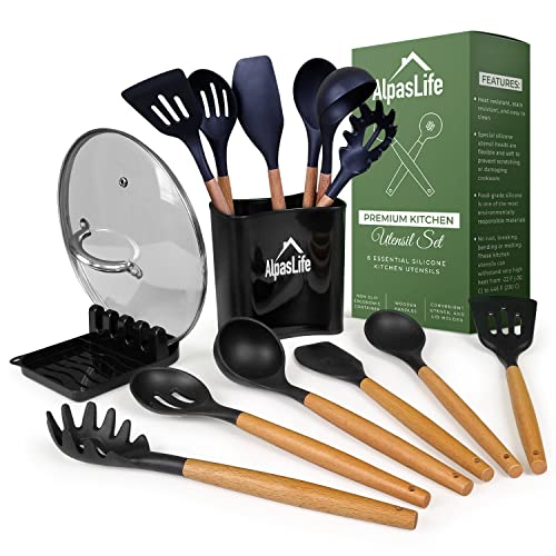 Kitchen Utensils Set | Natural Beech Wood Handles, Nonstick, Includes Holder and Lid Rest