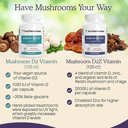 Mushroom Supplement | Vitamin D2, Zinc, Chaga, Reishi, 120ct & Lion's Mane, 300ct