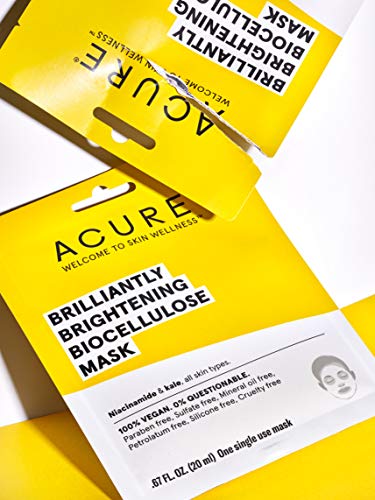 Acure Brightening Biocellulose Gel Mask | 100% Vegan | For A Brighter Appearance | Niacinamide & Kale - Vitamin B3 |One Single Use | All Skin Types |1 Count