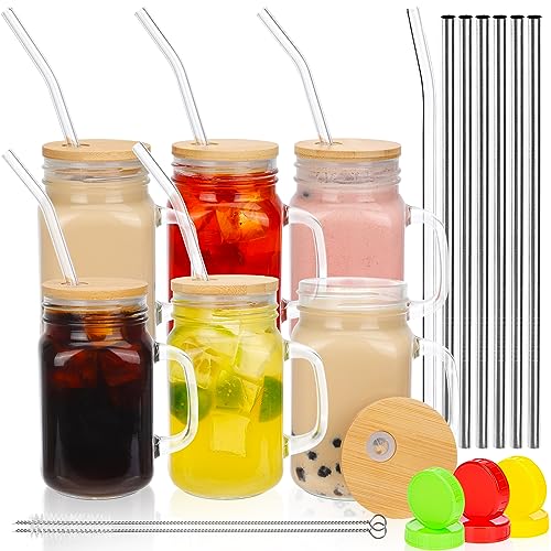 Drinking Glass Set | 16 oz Mason Jar Cups, Lids & Straws, Set of 6