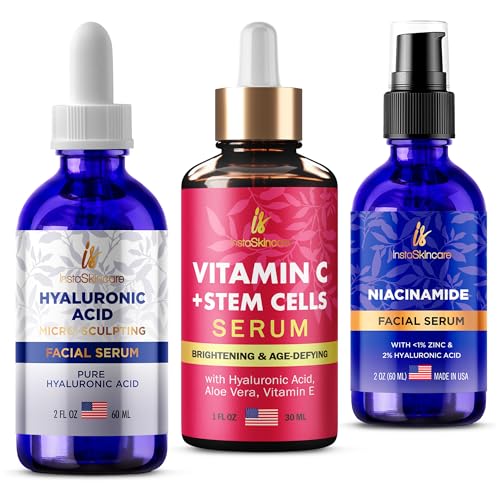 Hyaluronic Acid Serum | 2 oz, Hydrating Formula  
Vitamin C Serum | 1 oz, Brightening  
Niacinamide Serum | 2 oz, Pore Minimizing