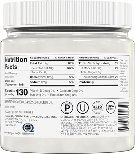 Viva Naturals Organic Coconut Oil - Unrefined, Cold-Pressed Extra Virgin Coconut Oil, USDA Organic and Non-GMO Cooking Oil, Great as Hair Oil and Skin Oil, 16 fl oz