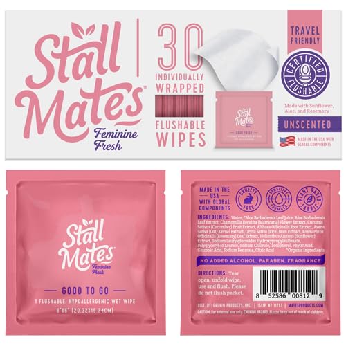 Stall Mates Wipes Feminine Fresh - Flushable Wipes | Individually Wrapped | Feminine Cleansing Wipes | Travel Friendly | PH balanced | Unscented with Sunflower, Rosemary | (30 on-the-go singles)