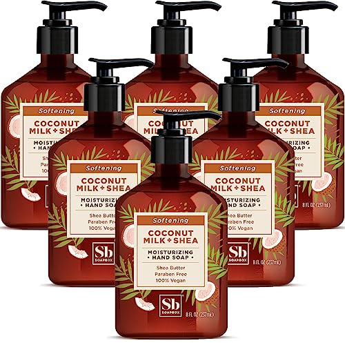 Soapbox Coconut Milk & Shea Moisturizing Hand Soap for Bathroom & Kitchen with Pump Dispenser, (6 Pack, 8oz Each)