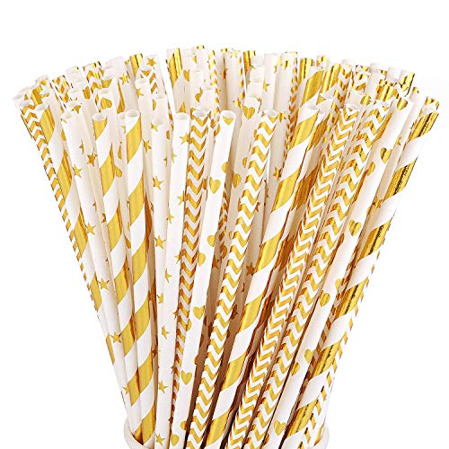 Drinking Straws | Biodegradable, Pack of 100, Metallic Foil Designs