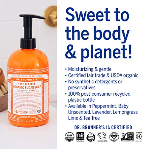 Dr. Bronner's - Organic Sugar Soap (Tea Tree, 64 Ounce) - Made with Organic Oils, Sugar and Shikakai Powder, 4-in-1 Uses: Hands, Body, Face and Hair, Cleanses, Moisturizes and Nourishes, Vegan