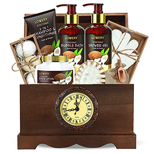 Bath and Body Gift Set | 13 Piece Coconut Spa Kit, Vintage Wooden Clock Box