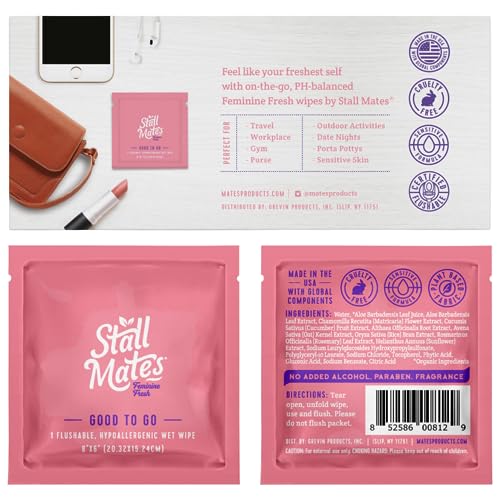 Stall Mates Wipes Feminine Fresh - Flushable Wipes | Individually Wrapped | Feminine Cleansing Wipes | Travel Friendly | PH balanced | Unscented with Sunflower, Rosemary | (30 on-the-go singles)