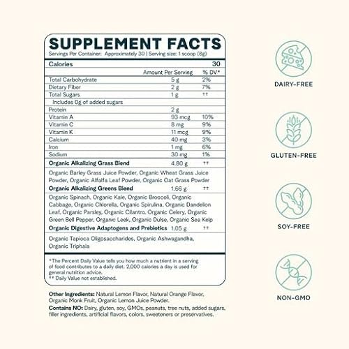 Superfood Greens Powder | Vegan, Gluten-Free, 30 Servings, Citrus Flavor