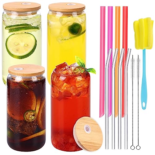 Glass Cups | Set of 4, 20 oz, with Lids and Straws