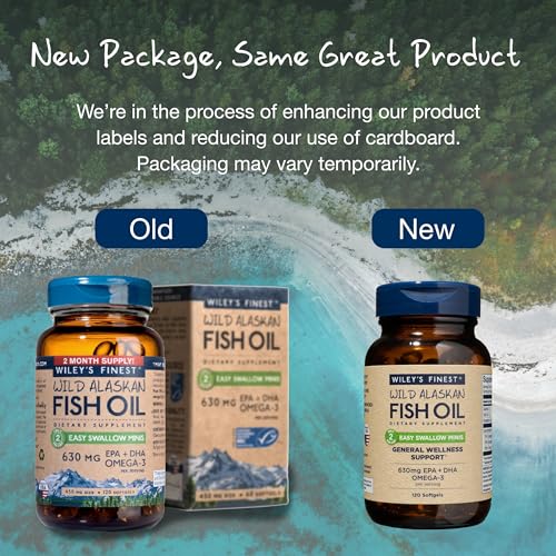 Wiley's Finest Wild Alaskan Fish Oil Easy Swallow Minis - Omega-3 Fish Oil Supplement for Adults and Kids - Double-Strength 630mg EPA and DHA Natural Supplement - 120 Mini Softgels (60 Servings)