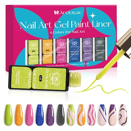 Nail Art Gel Polish Set | 6 Colors, Neon & Glitter, Includes Thin Brush