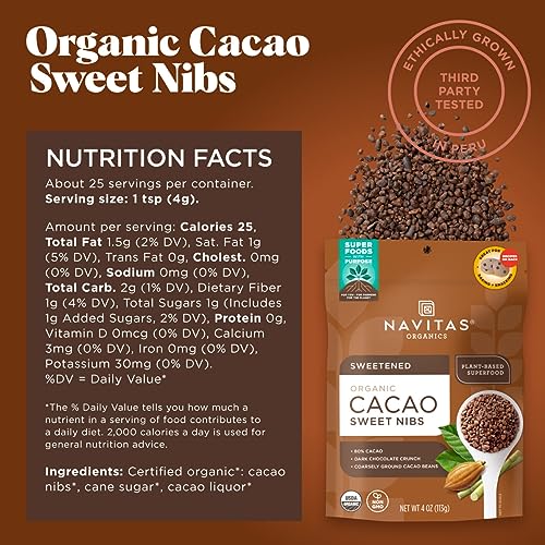 Cacao Sweet Nibs | 4oz Bag, Organic, Non-GMO, Gluten-Free