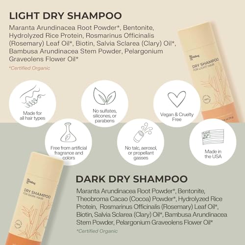 The Earthling Co. Dry Shampoo - Non Aerosol Volumizing Powder for Oil - Natural, Organic Ingredients for Brown and Black Hair - Talc-free formula with Rosemary Oil and Biotin (Dark Hair, 2.6 oz)