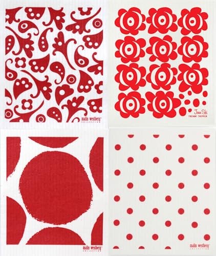 Swedish Dishcloths | Pack of 4 Different Designs, Red