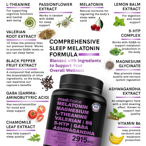 12-in-1 Melatonin Capsules - Melatonin 5mg Natural Sleep Aids for Adults - Magnesium Glycinate 500mg, Ashwagandha, L Theanine, Valerian Root, GABA, 5-HTP, Sleep Supplement for Adults, Pack of 1