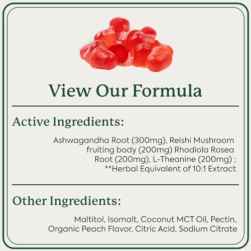 Mushroom Gummies | Natural Ashwagandha, 60 Count, Sugar-Free, Gluten-Free, Peach Flavor