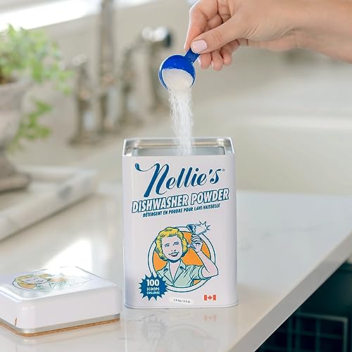 Nellie's Dishwasher Powder - Tough on Food Residue, Plant-Based Ingredients, Spotless Clean, High-Efficiency Dishwashing Solution - 100 Scoop Tin