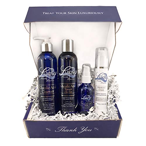 Anti Aging Skin Care Set | 4 Step Kit, Glycolic Acid, Hyaluronic Acid, Vitamin C