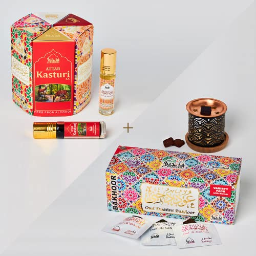 Attar Oil Set & Oud Bakhoor Variety Box | Authentic Arabic Fragrances, Includes Burner