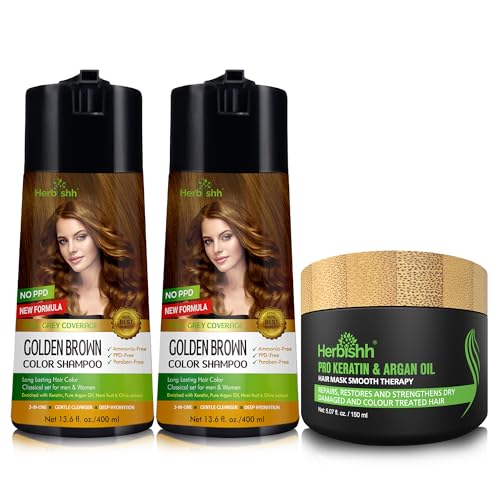 Hair Color Shampoo | Golden Brown, 400ml Pack of 2, Includes Argan Hair Mask 150g