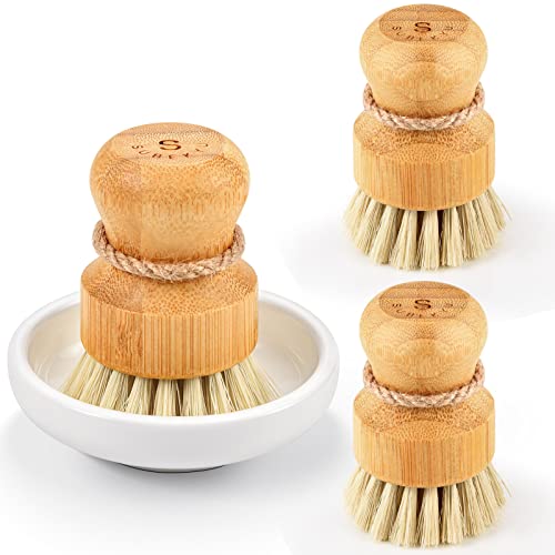 Bamboo Dish Scrub Brushes | Natural Sisal Bristles, Set of 3