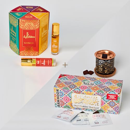 Attar Oil Set | 6 Assorted Sandalwood Based Perfume Oils, Includes Burner