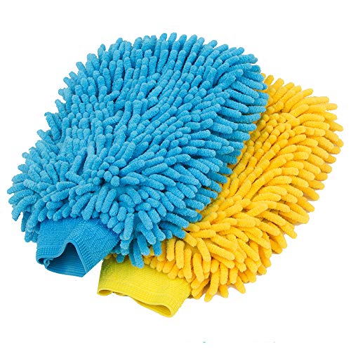 Car Wash Mitt | Pack of 2, Soft Chenille, Blue & Yellow