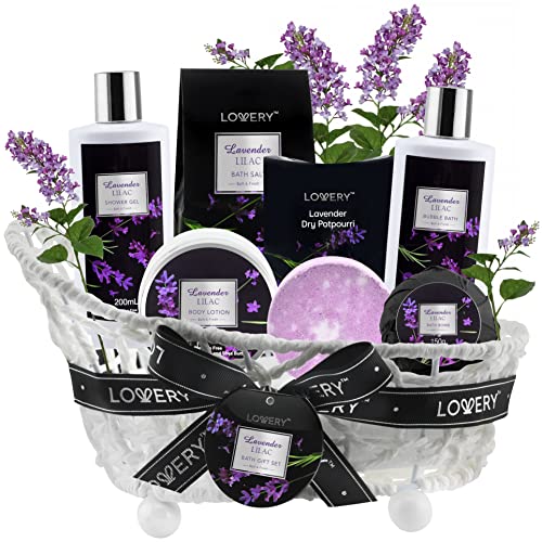 Bath and Body Set | Spa Gift Basket, Lavender Lilac, Bubble Bath, Bath Bombs, Shower Gel